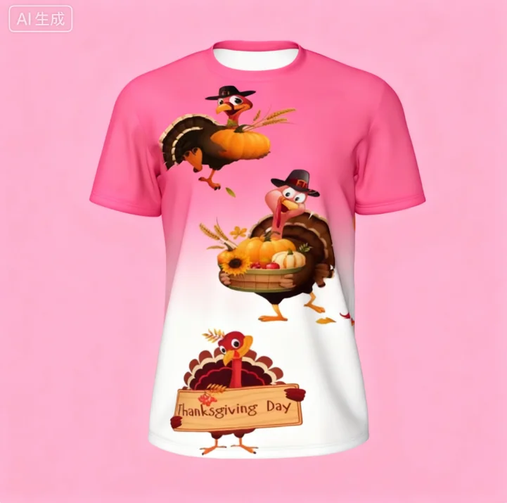 2025 الشكر الأسرة جمع تركيا نمط ثلاثية الأبعاد تي شيرت مطبوع الخريف موضة الرجال والنساء قصيرة الأكمام تي شيرت