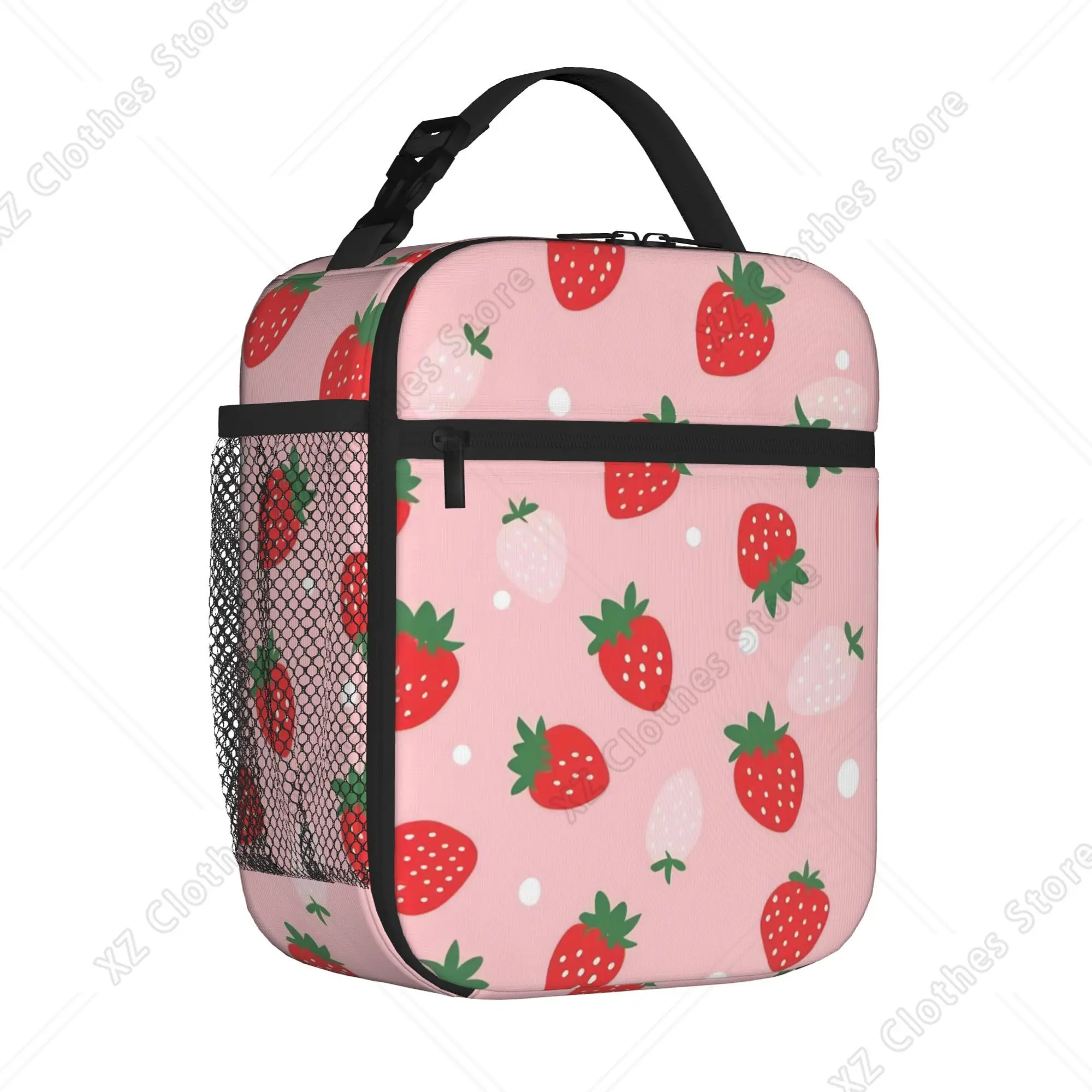 Pink Strawberry Cute Floral Tote Insulated Lunch Bag Cartoon Carry Food Bags Reusable Thermal Cooler For Work Washable Bento Box