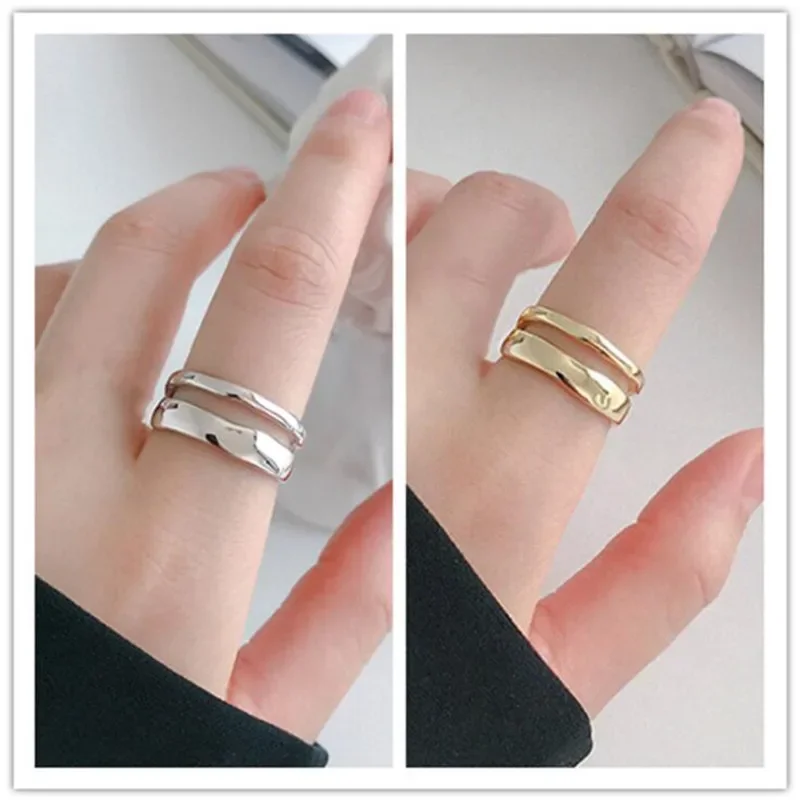 XIYANlKE Silver color Trendy ElegantTwist Two Circle Rings for womencouple Simple Geometric Handmadejewelry Adjustable