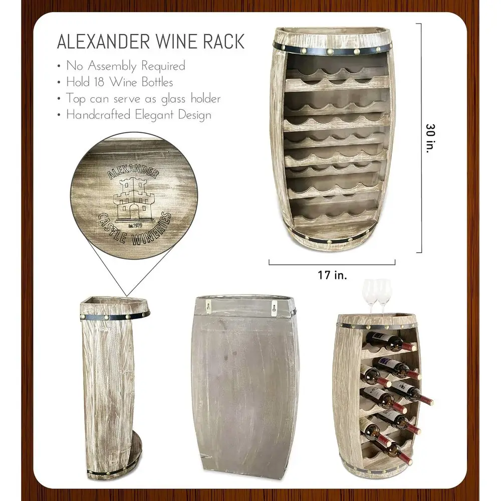 Wall-Mounted or Freestanding Barrel Wine Rack - 18 Bottle Capacity, Hanging or Floor Stand, Organizer for Home Decor and Wine St