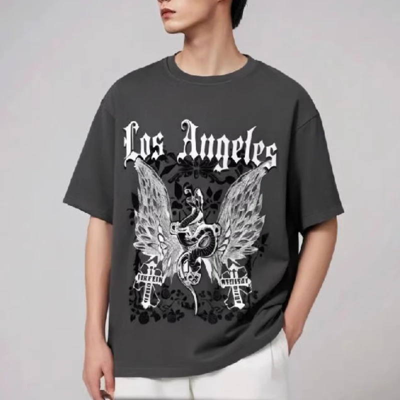 Punk Dark Style Trend Fun Lose Angeles Print Men's Round Neck Pullover Loose Comfortable Casual T-shirt Best-selling in Summer