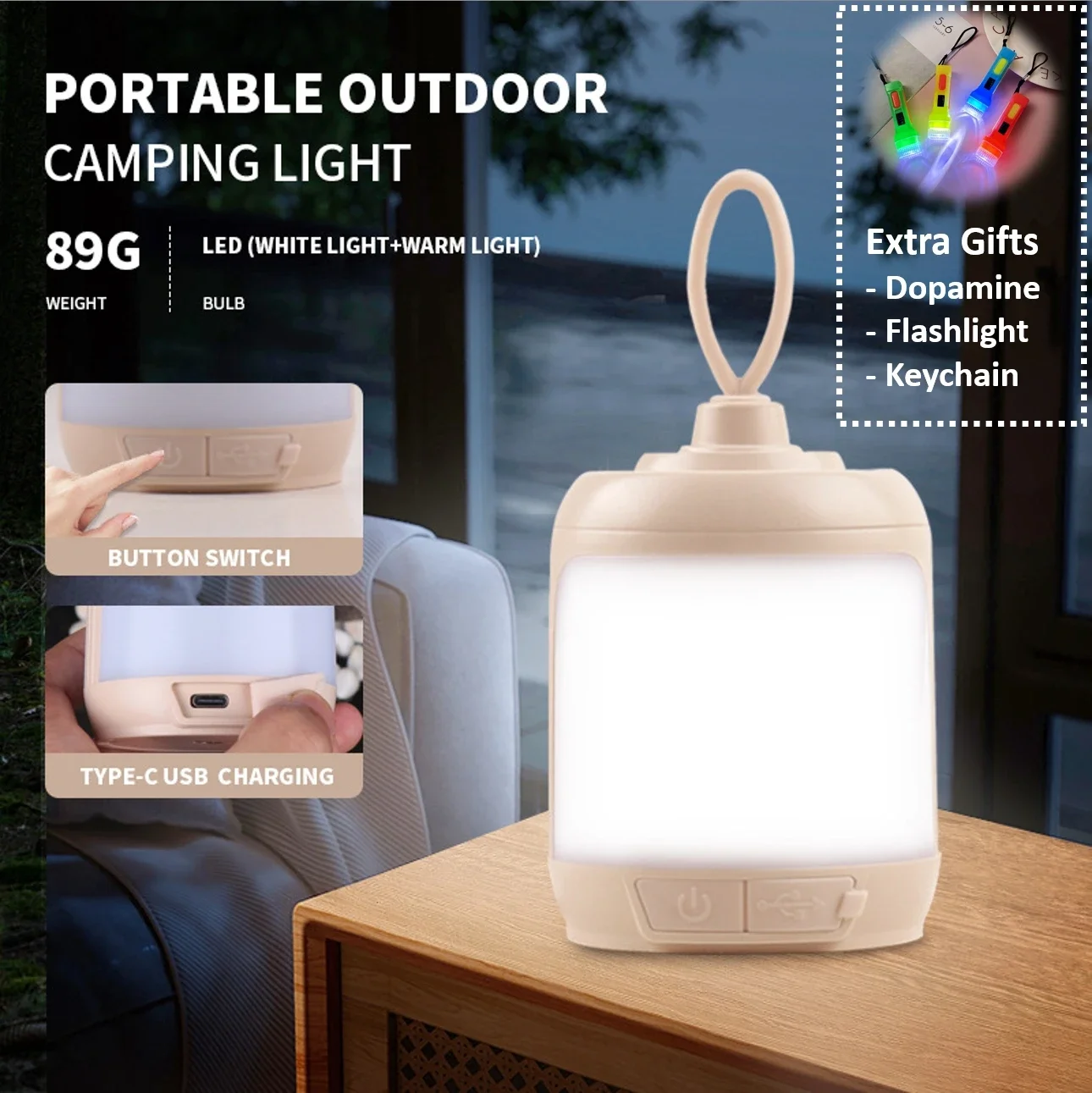 

Gift 3Colors Waterproof Tiny Outdoor Camping Light USB-C Rechargeable LED Super Bright Tent Lighting Portable, Desk, Night