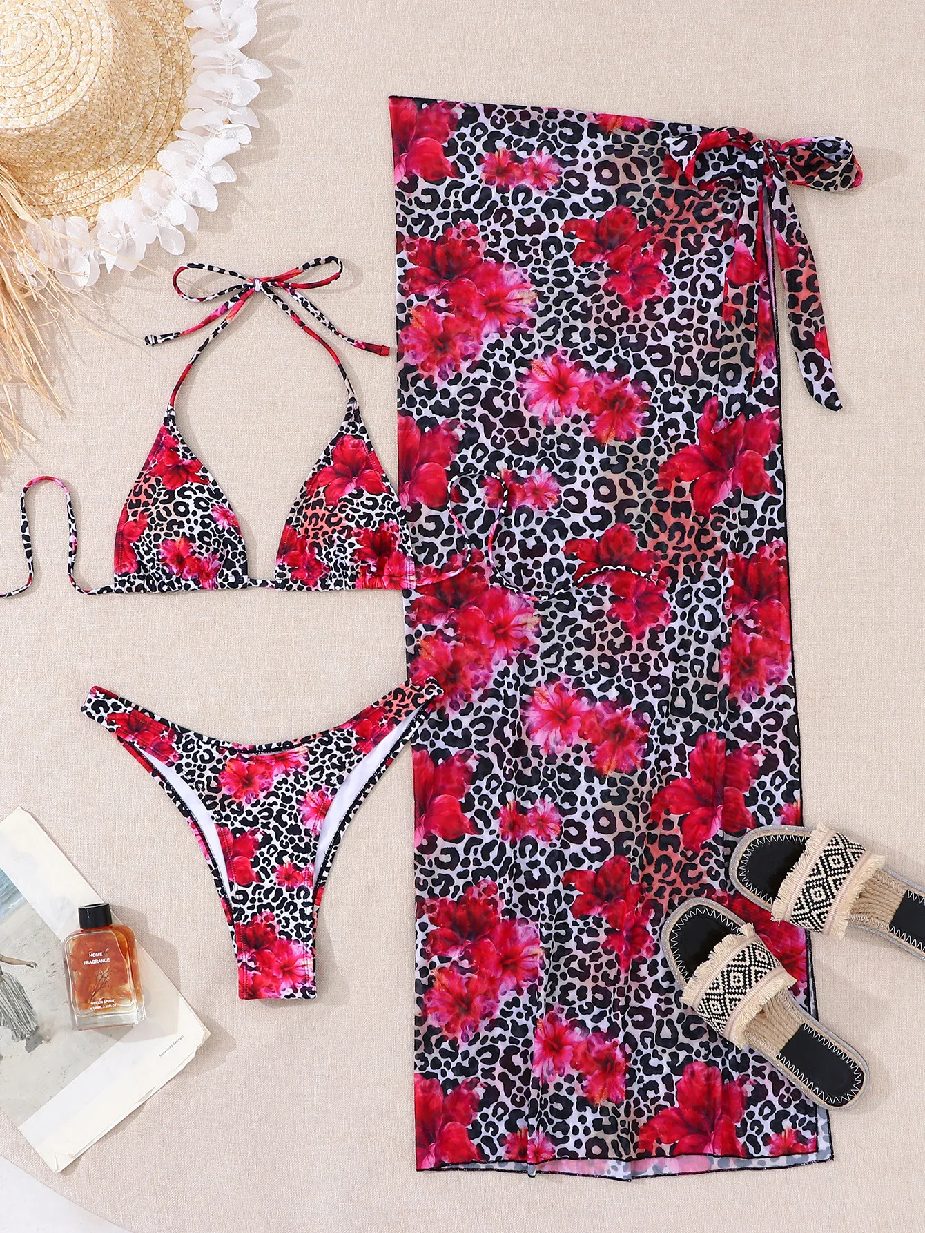 

sexy leopard flower print halter tie bikinis sets 3pcs with long cover skirt swimsuit bathing suit beach outfits biquini tankini