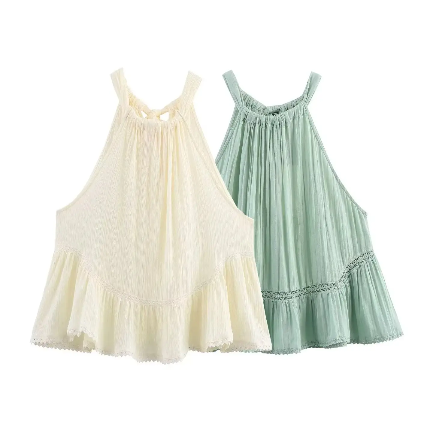 KONDALA Chic Green Y2K Halter Pleated Hollow Out Woman Vests Sleeveless Fashion 2025 Summer Lace-up Mujer Short Sexy Tank Tops