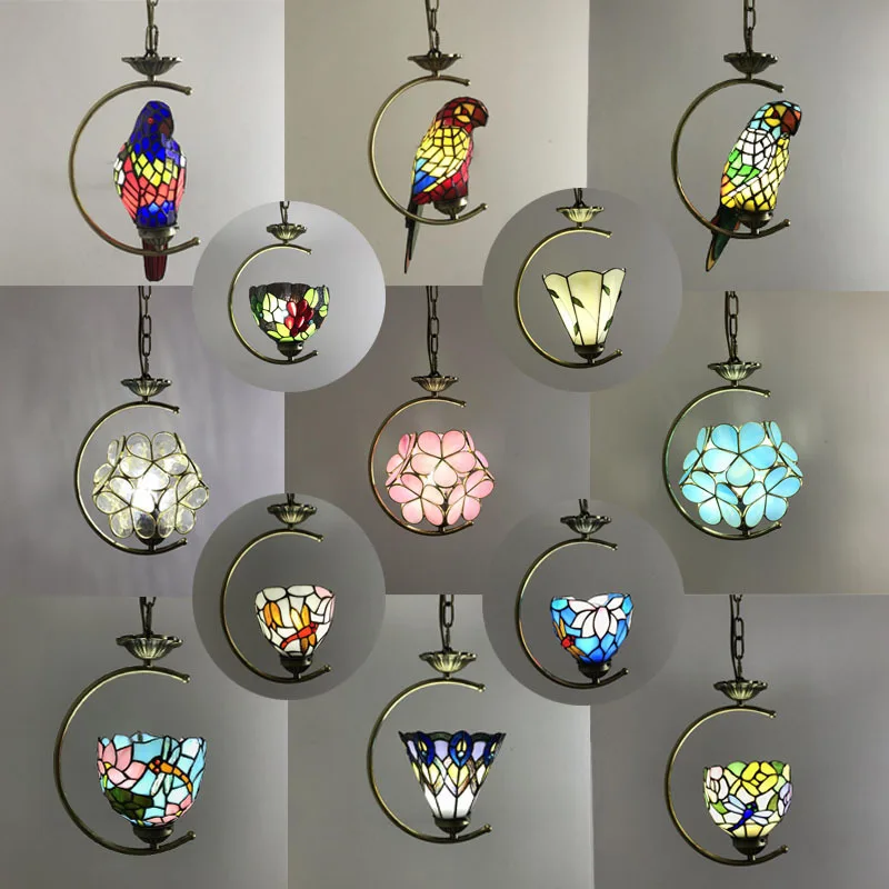 

Retro Idyllic Parrot Petal Leaves Grape Stained Glass Dining Room Bar Lamp Cafe Bedroom Hallway Aisle Tiffany Chandeliers