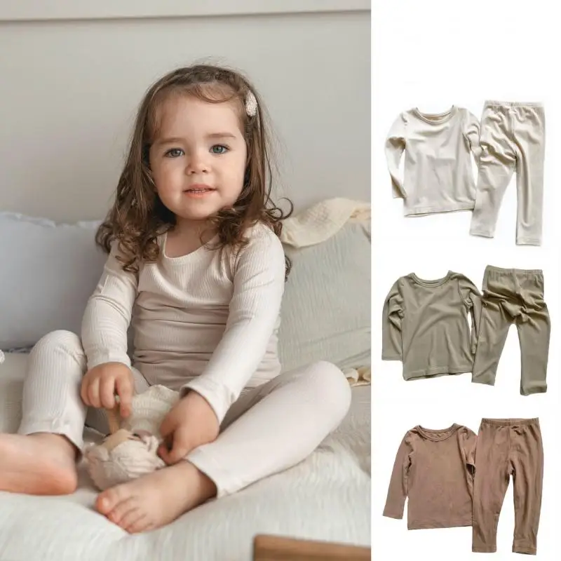 2024 Baby Girl Long Sleeves Children Pajamas Baby Boys Round Neck Top Pants Two Piece Set Solid Color Casual Home Clothes Suit