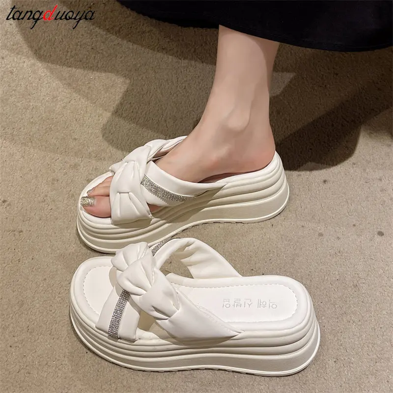 Beige slippers women luxury brand Shiny rhinestone thick-soled middle heel slippers women simple beach sandals platform slippers