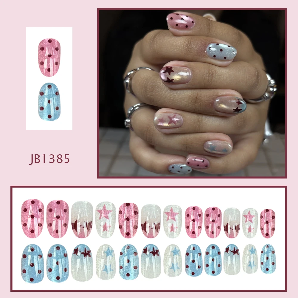 Sweet Short Round Press On Nails Pink Blue Shimmer Base Star Polka Dot Reusable Full Cover Stick On Nails