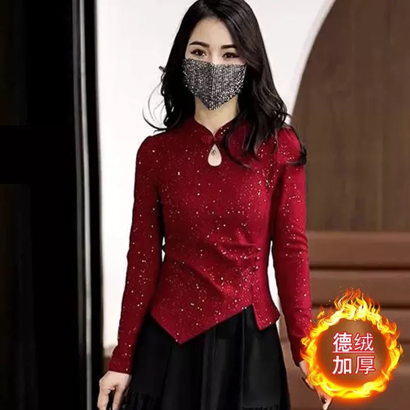 

New Chinese Style Autumn Winter Bottoming Shirt for Women Thickened German Velvet Slim Half Turtleneck T-shirt Versatile Top