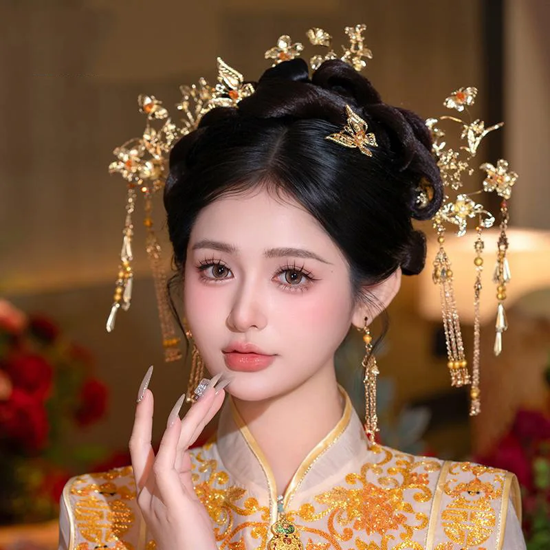 Golden Hairpin Hairpin Bridal Headdress New Chinese Xiuhe Cheongsam and Gown Han Chinese Clothing Hair Accessories Simple