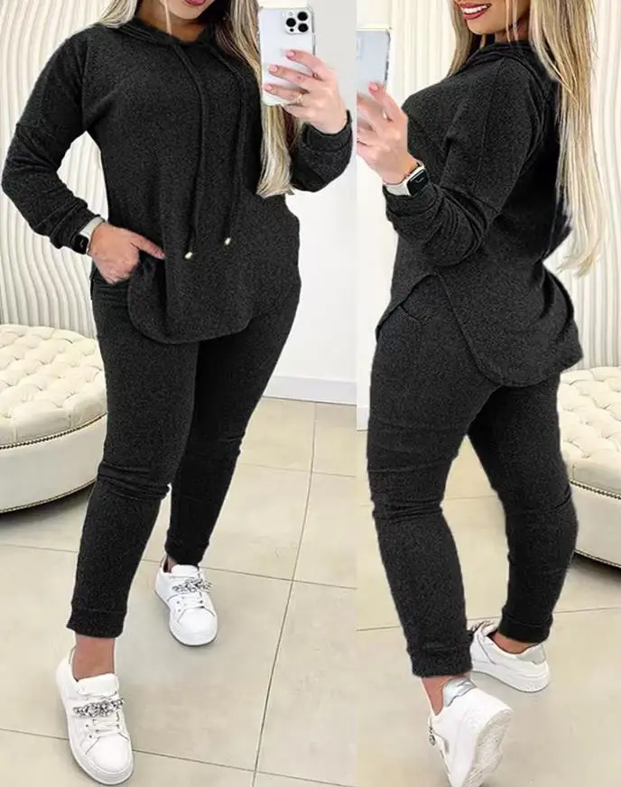 

Women's Two-Piece Set Plus Size Asymmetrical Hem Hooded Sweatshirt & Pocket Design Pants Set Commuter Leisure Pants Set