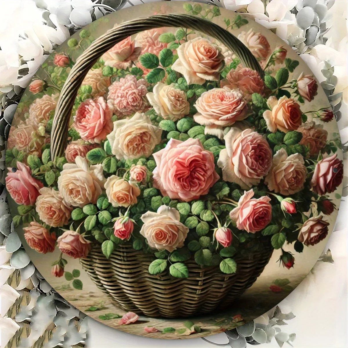 Rundes Eisen-Metallschild, Blumenkorb-Rosa-Rosen-Muster, 7,8-Zoll-Wandkunst-Dekor, ästhetische Innen-/Außenfolie mit Gravur zum Aufhängen