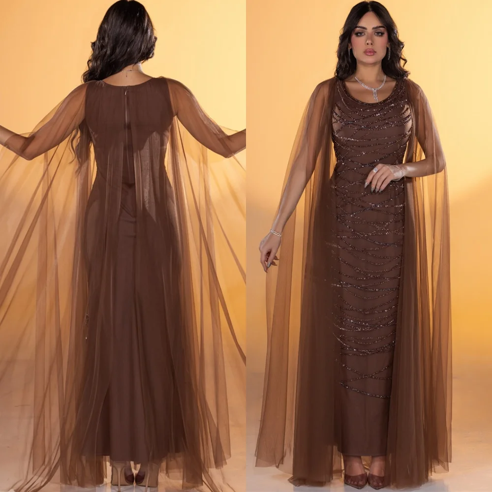 

Customized Modern Brown Tulle Evening Dress Classic O-Neck Homecoming Dresses Temperament Watteau Train Vestido De Festa