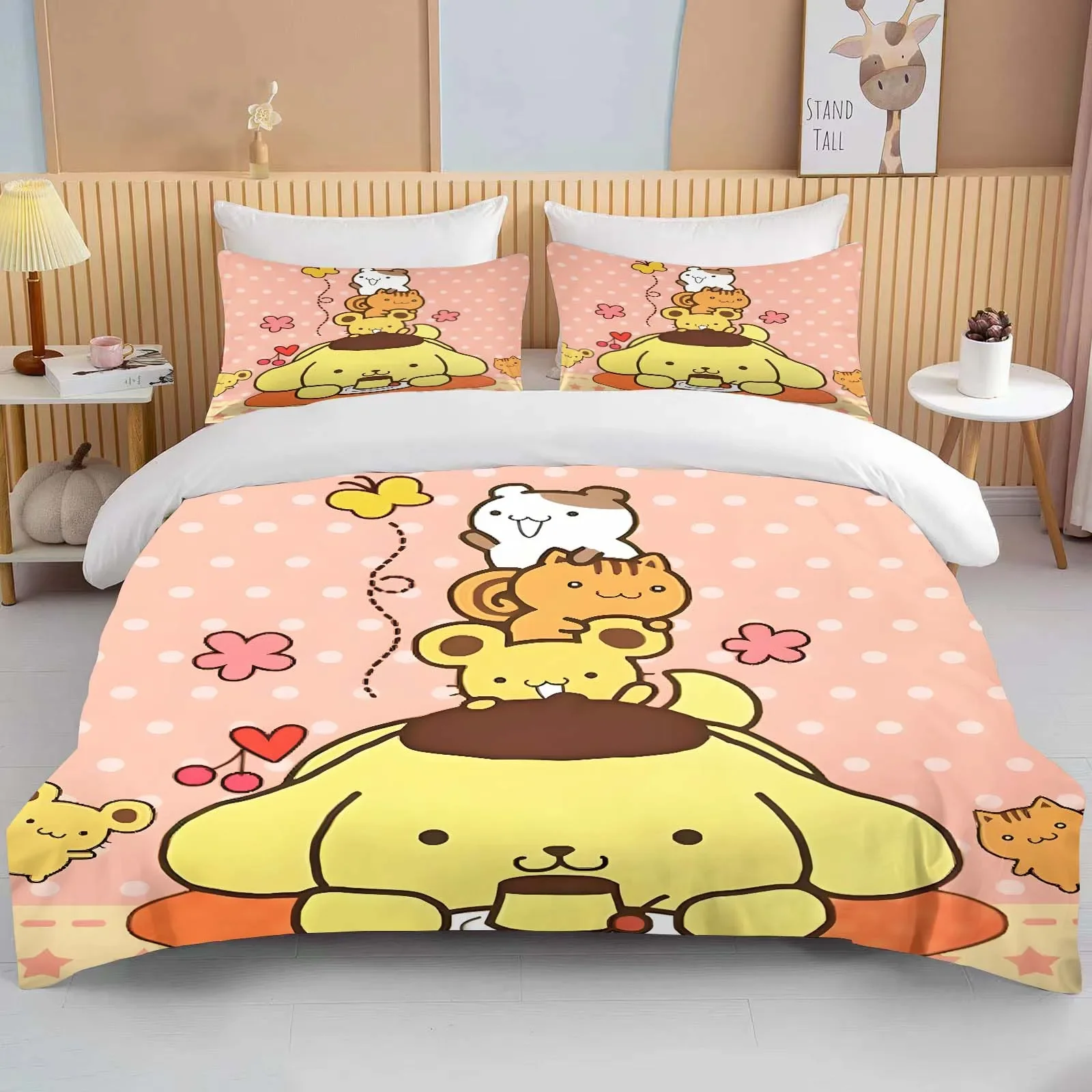 

10 Sizes Sanrio Pom Pom Purin Printed Bedding Set Duvet Cover Anime Quilt Adult Kids Birthday Gift Full Size Duvet Set King Size