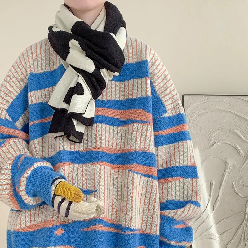 

Мужской вязаный свитер свободного кроя в полоску с круглым вырезом в стиле ретро, американский базовый слой, нижний слой одежды, повседневная одежда для весны и осени