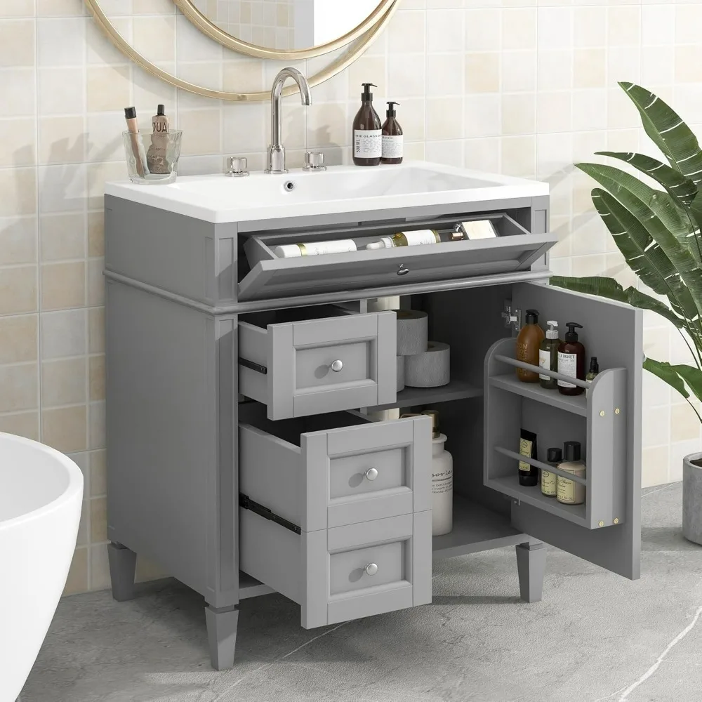 

30 inch bathroom cabinet with single sink, modern sink cabinet with 2 drawers and 1 tilted drawer, solid wood frame