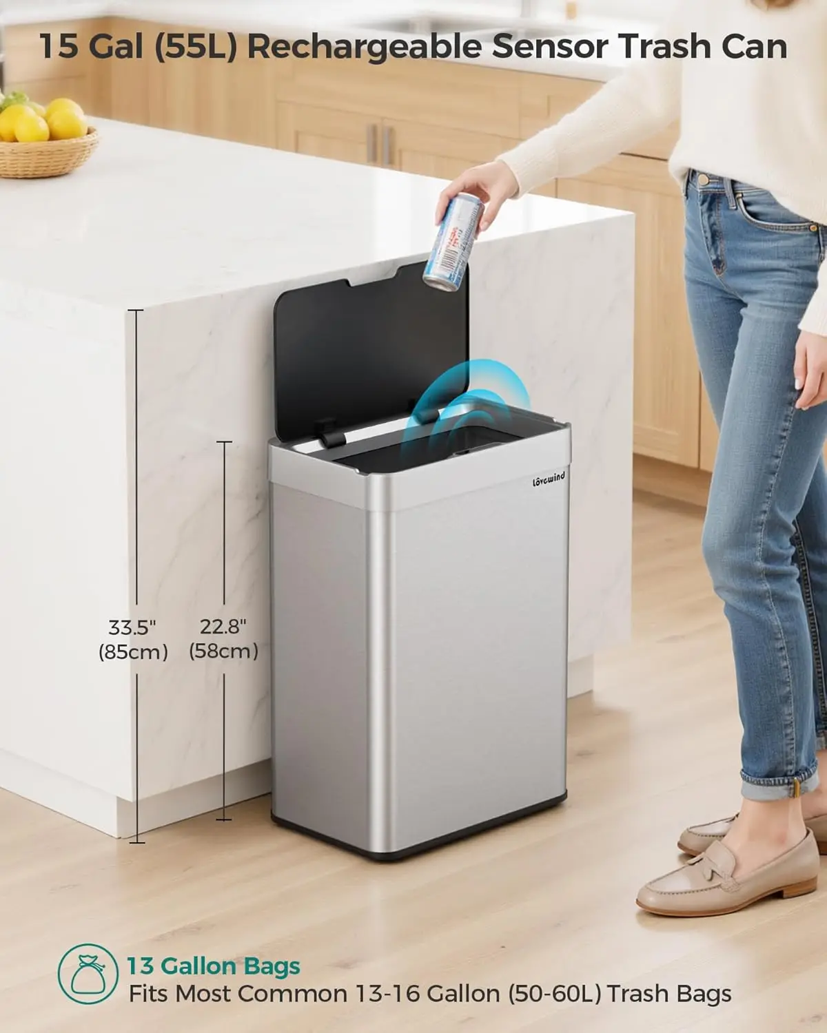 

Бесконтактное кухонное мусорное ведро из нержавеющей стали на 55 л (15 галлонов) с автоматическим датчиком движения, перезаряжаемое через Type-C, настраиваемое под заказ