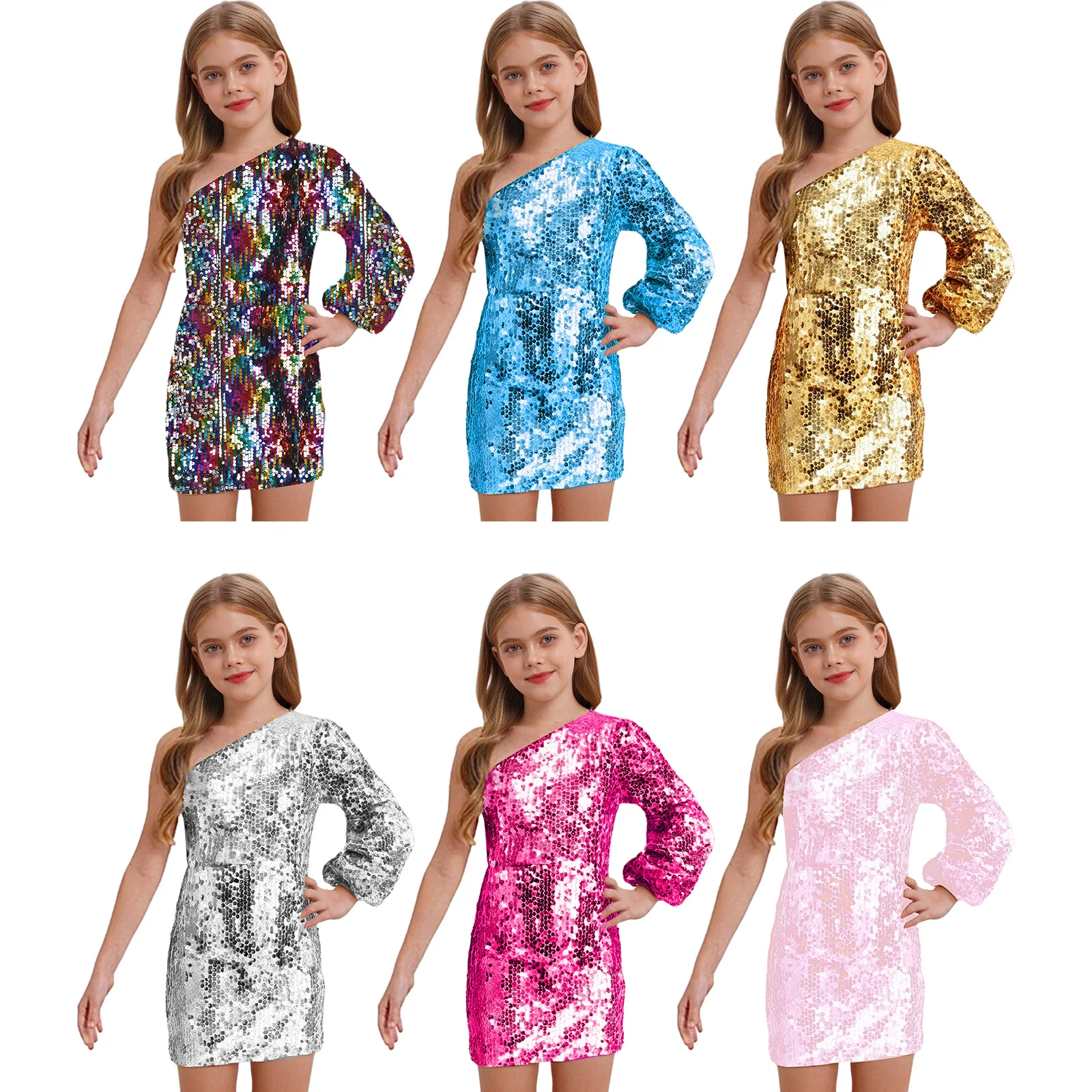 Kids Flower Girls Dress One Shoulder Long Sleeve Above Knee Sparkling Sequins Dress for Birthday Pageant Wedding Evening Party