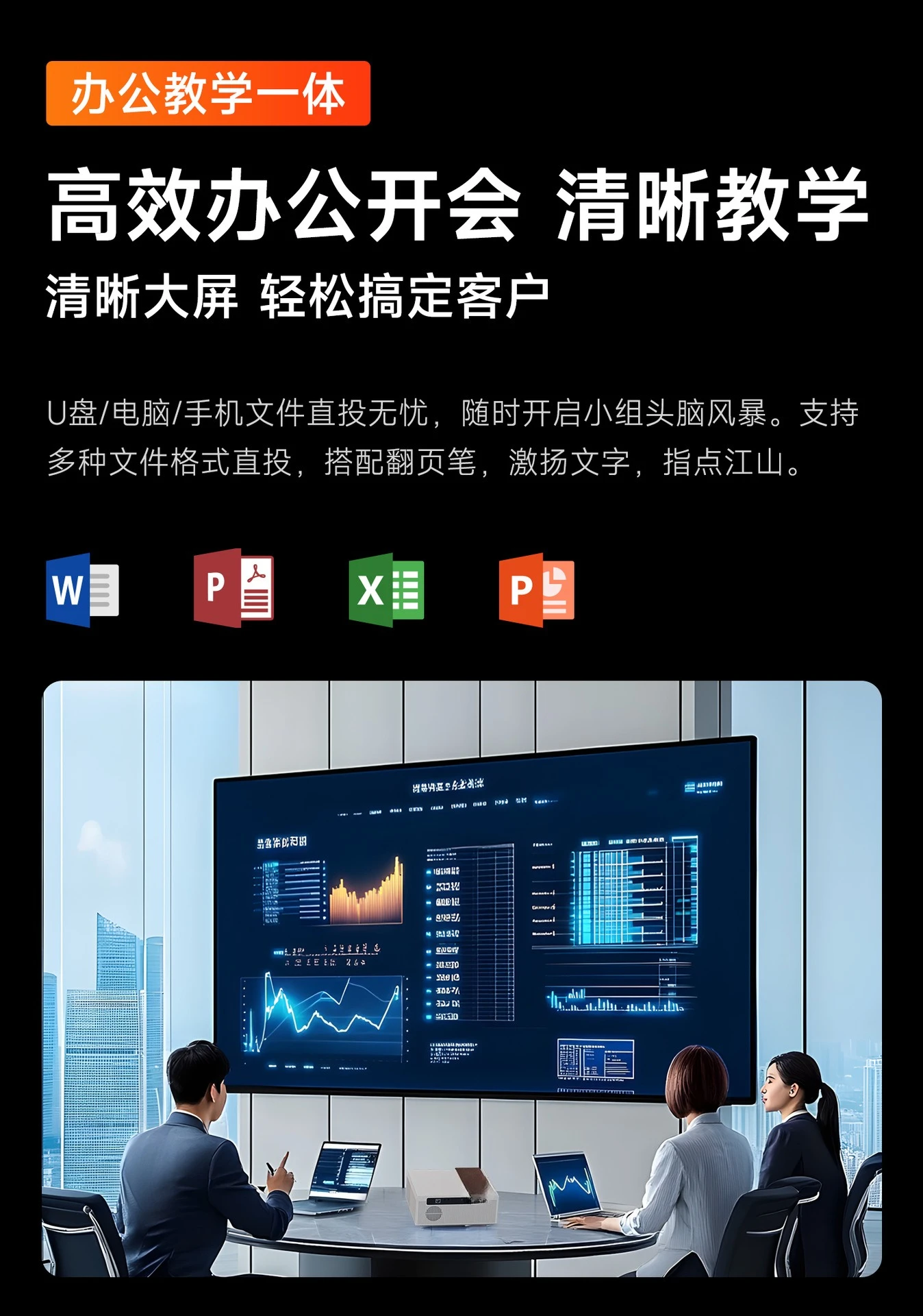 Projector, household clear day bright light direct projection office conference laser projector