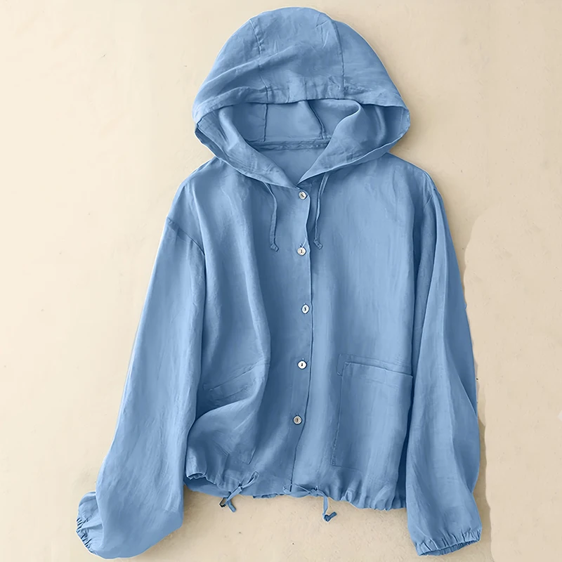 Chemisiers à capuche en coton et lin pour femme, décontractés, fins, à manches longues, à simple boutonnage, avec cordon de serrage à la taille
