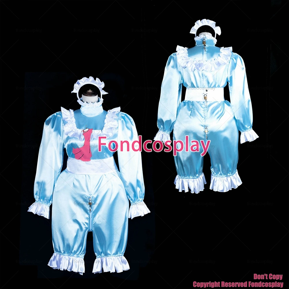 fondcosplay adult sexy cross dressing sissy maid Lockable baby blue Satin jumpsuits rompers Dress CD/TV[G3842]