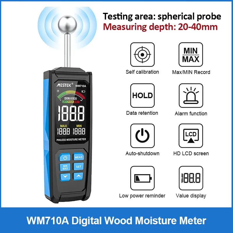 WM710A cyfrowy miernik wilgotności drewna bezkontaktowy detektor wilgotnego drewna higrometr z ekranem LCD Alarm Tester wilgotności bezpinowe