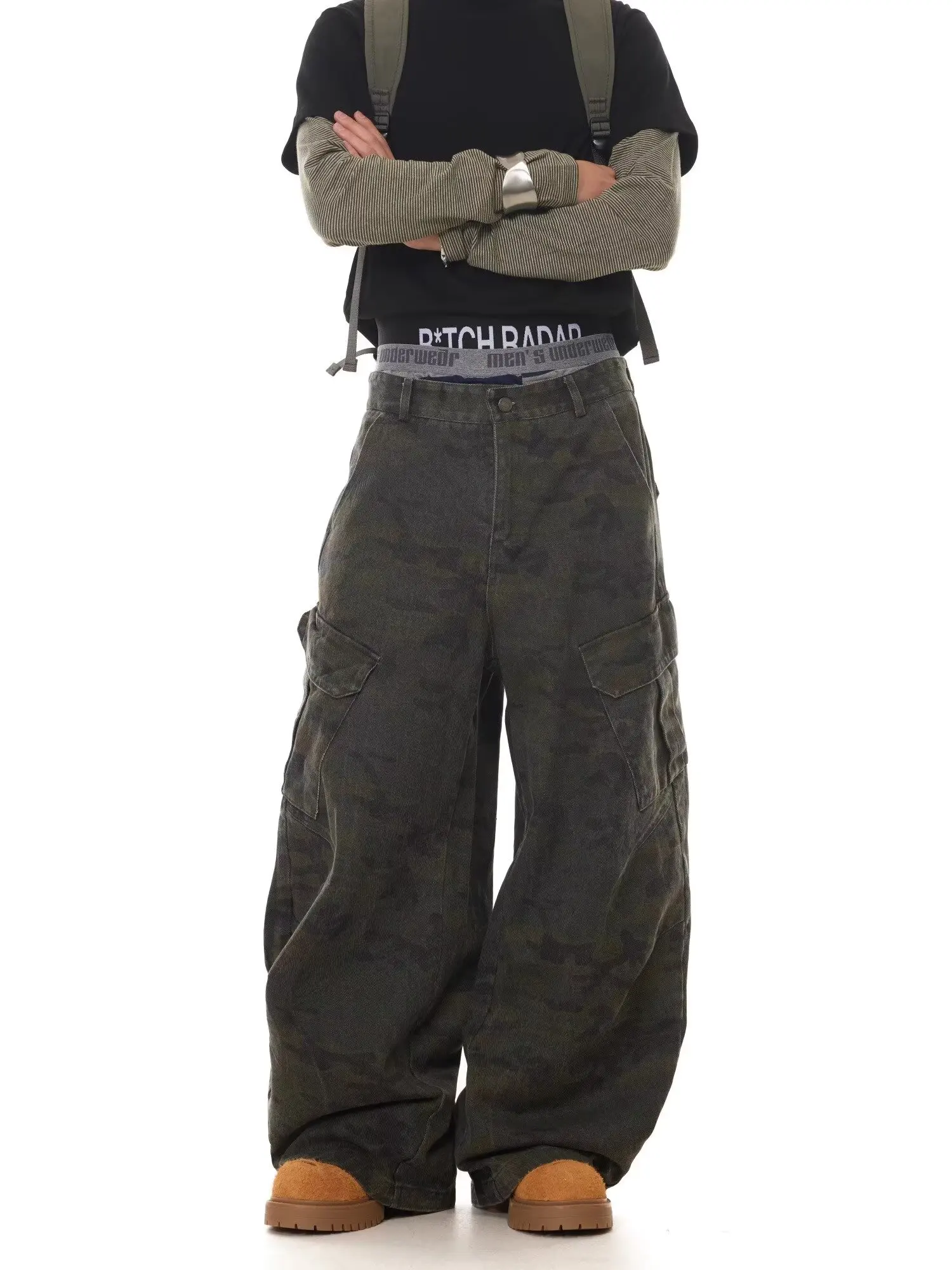 

Men's Relaxed Wide-Leg Scissor-Cut Casual Pants American Vintage Multi-Pocket Camouflage Silhouette Curved-Leg Jeans A