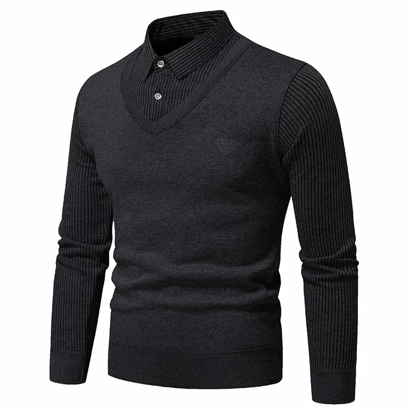 Autumn Winter Men Slim Fit Warm Elastic Sweater Outdoors Fashion Flip Collar Knitted Tops New Solid Fake Two Piece Pullover Men