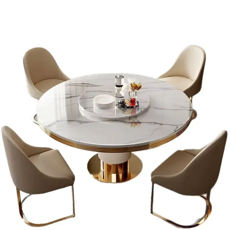 #Slate Round Table Round Marble Craftsmanship Dining Table and Chair Set Modern Home Use Turntable Round Dining Table
