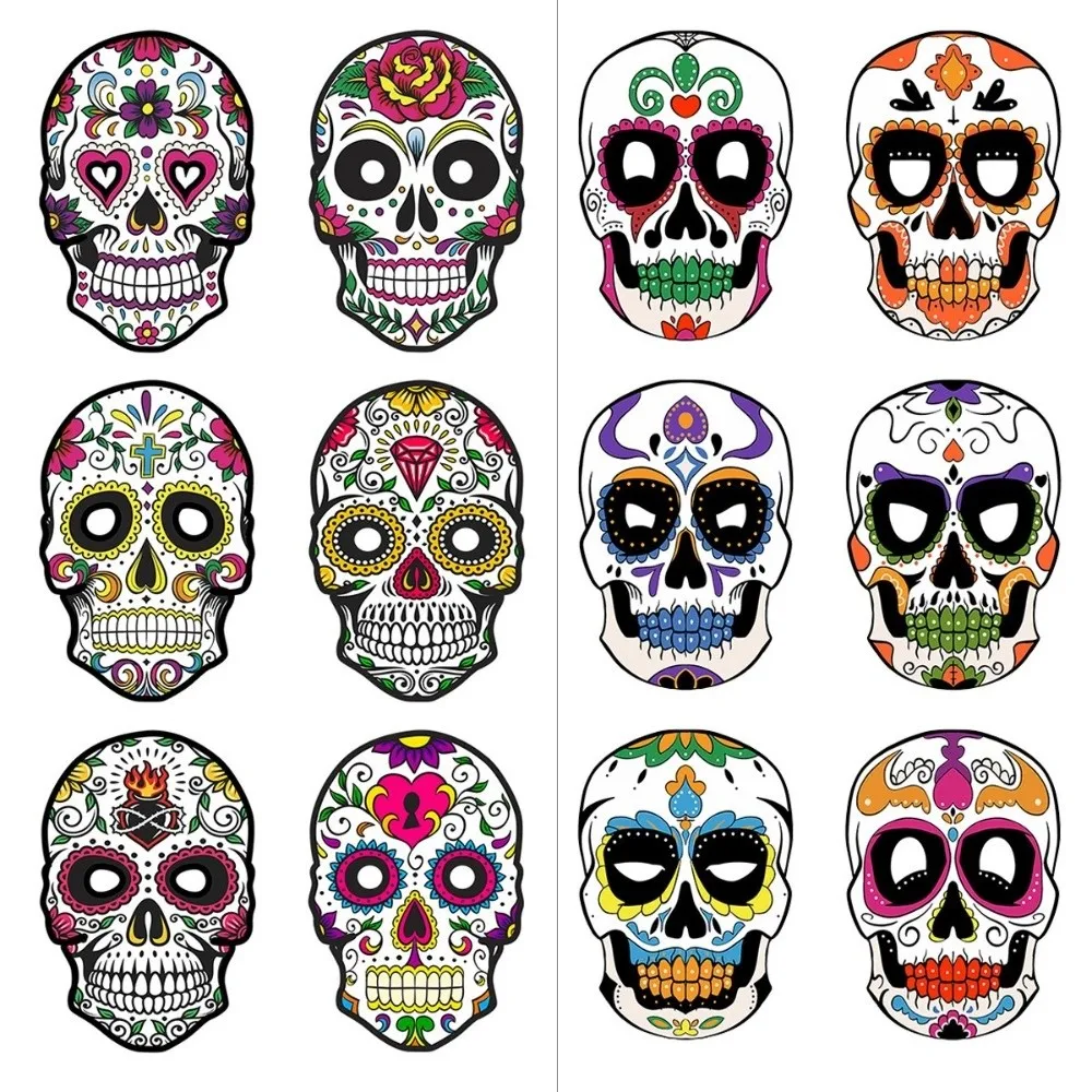 6Pcs New Full Face Halloween Skull Mask Lightweight Colorful Skull Face Mask Paper Mexican Skull Mask Masquerade Theme