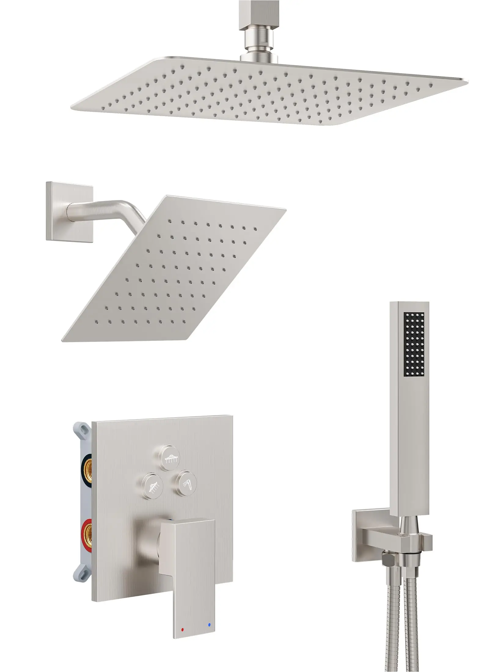 

3 In 1 Shower System With Push Button Valve 10 Inch Ceiling Shower Head 8 Inch Wall Mount Shower Head And Handheld Spray