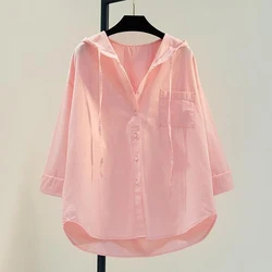 Hooded Loose Solid Color Simplicity Blouses Long Sleeve Button Lacing Fashion Casual Spring Summer Thin Women's Clothing 2023