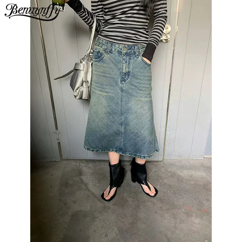 

Benuynffy Fashion Retro Mermaid Hem Jeans Skirt Women 2026 Spring New American Streetwear Low Waist Washed Denim Long Skirts