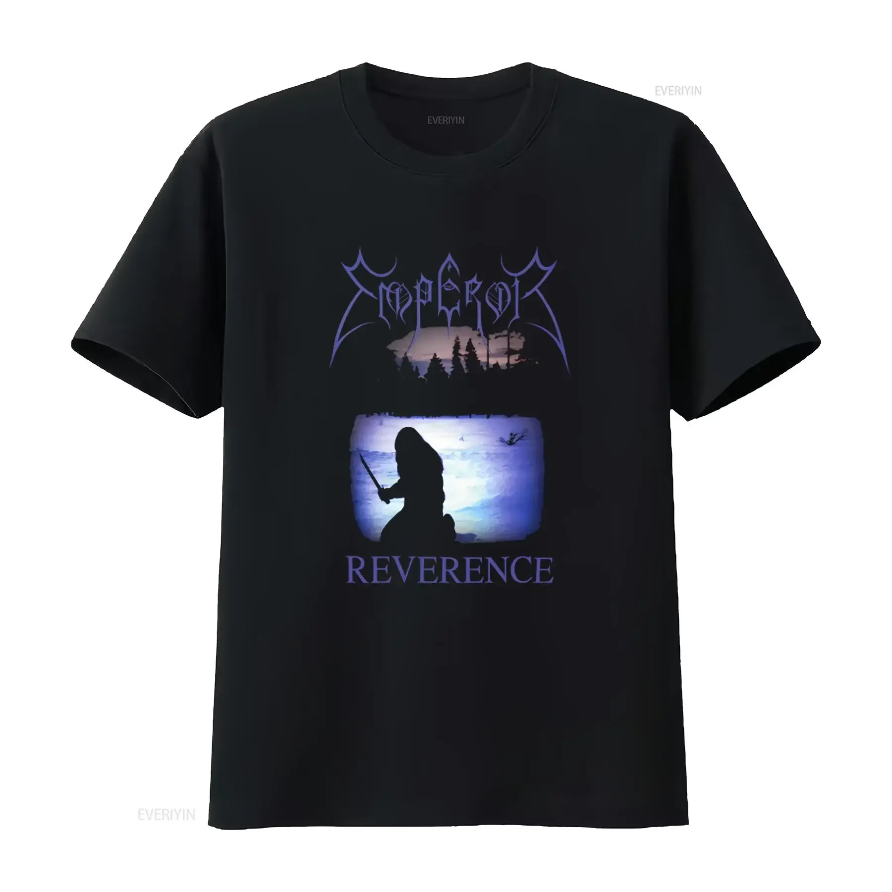 EMPEROR REVERENCE Schwarzes T-Shirt mit Aufdruck vorne und hinten, mittelgroßes Gothic-Design, perfekt für Metal-Fans, leicht im Vintage-Look gewaschen
