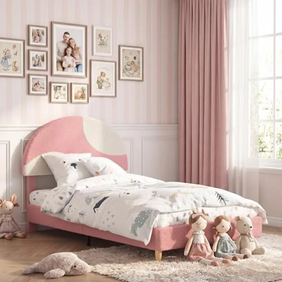 Bed Frame with Round Boucle Headboard, Upholstered Arch-Shaped Design in Soft White, Modern Bedroom Bed with Wooden Slats, No B