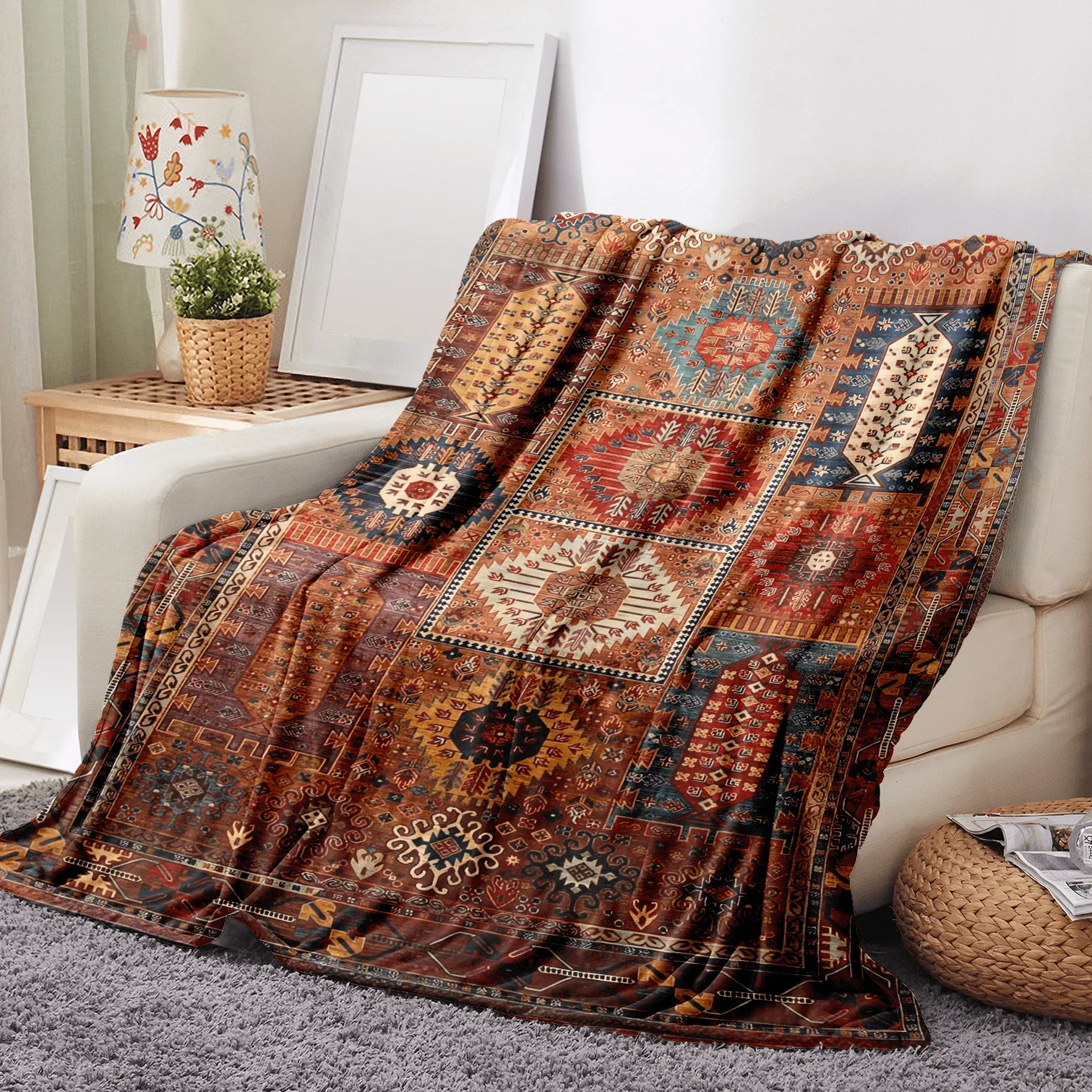 Blanket Yarn Chunky Blankets Soft Warm Vintage Polyester Boho Weaving Pattern Throw Blanket, Machine Washable, Perfect for Sofa,