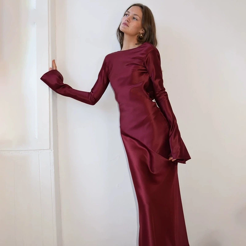 فستان سهرة أنيق بلون سادة من الساتان النحيف للنساء بأكمام طويلة بدون ظهر فساتين ضيقة للسيدات للولائم #3