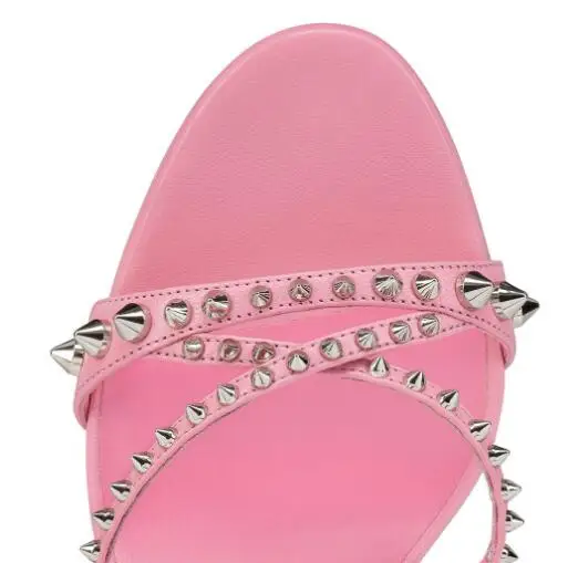 Summer Ladies Pink Black Nude Leather Sliver Spike Rivet Studded Cross Strap Stiletto Heels Slip On Slippers Women Party Sandals