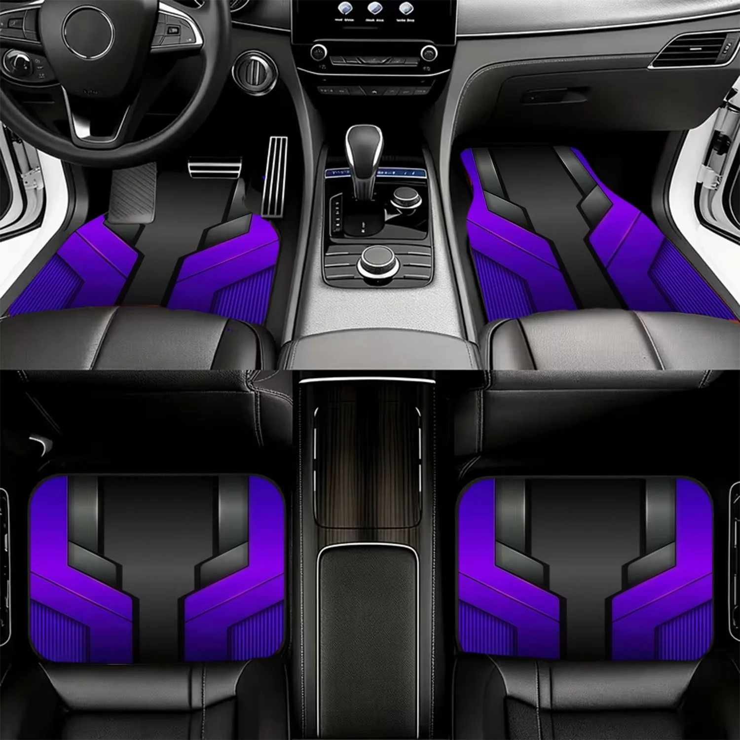 Four Car Floor Mats Featuring A Futuristic Geometric Design In Purple And Black, With A Symmetrical Panel Outlined In Black, A B