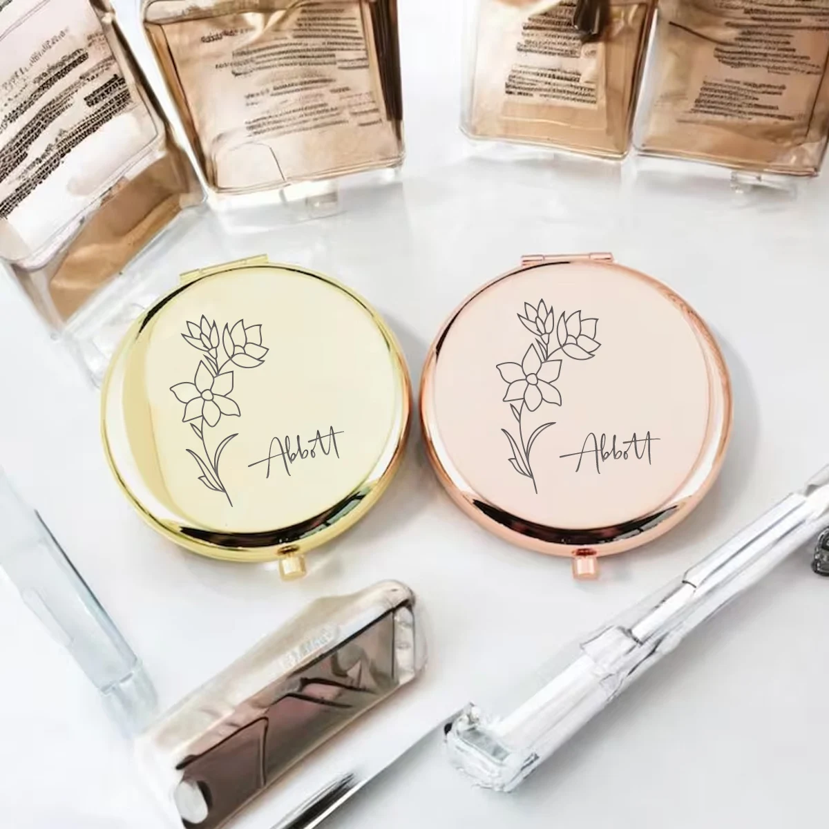 1pc Creative Flower Customized Name Pocket Mirror Mirror With Name Makeup Mirror Birthday Gift