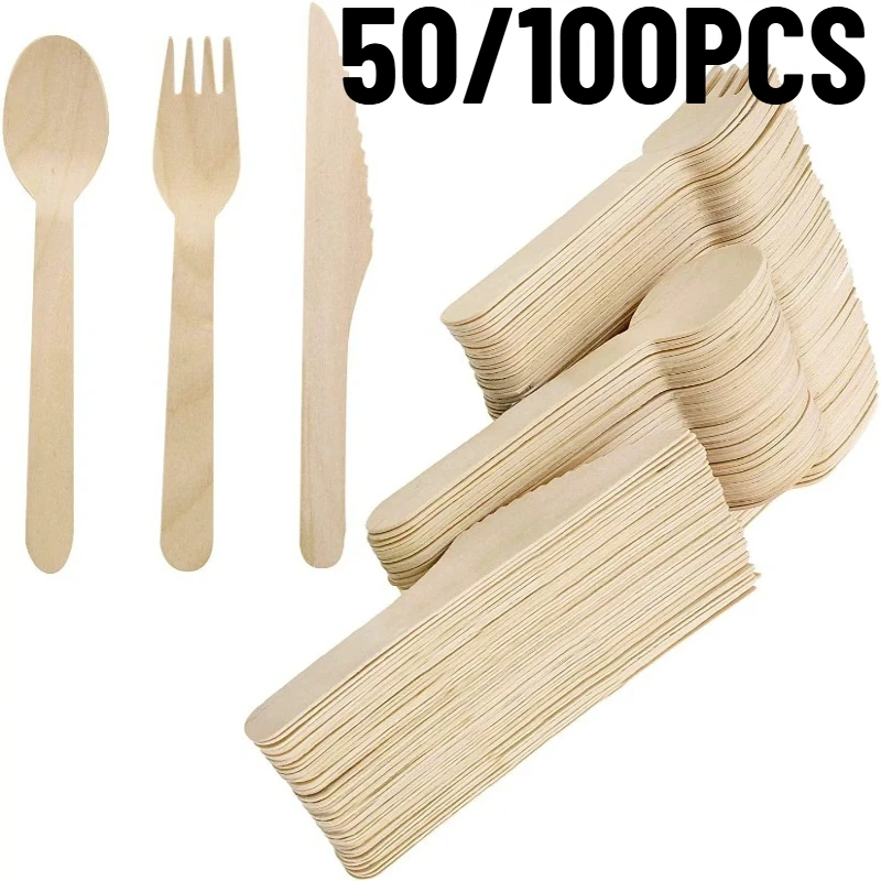 50/100PCS Einweg Holz Löffel Messer Gabeln Geschirr Eis Kuchen Obst Gemüse Hochzeit Geburtstag Party Liefert