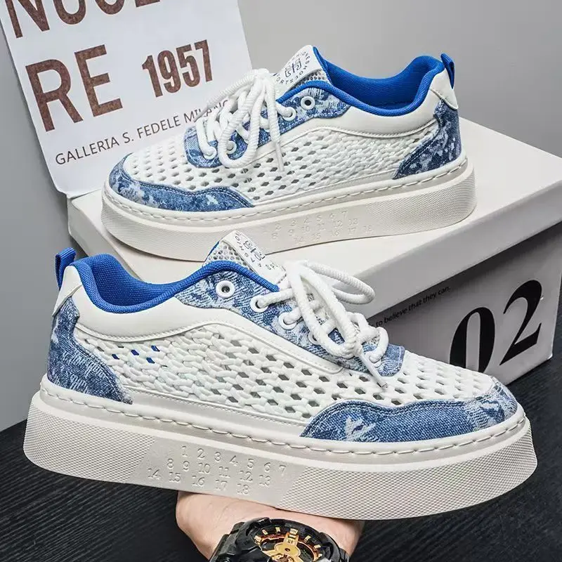 Summer Mens Mesh Breathable Hollow Casual Skateboarding Shoes Height Increase White Sneakers Teen All Match Sports