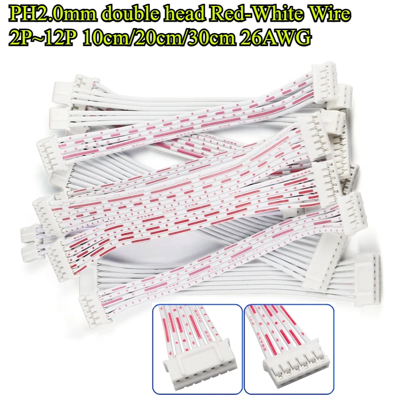 

JST PH2.0mm Double Head Red White Cable 2.0mm Pitch 2/3/4/5/6/7/8/9/10/12 Pin 10/20/30cm 26AWG Electron Wire Terminal Connector
