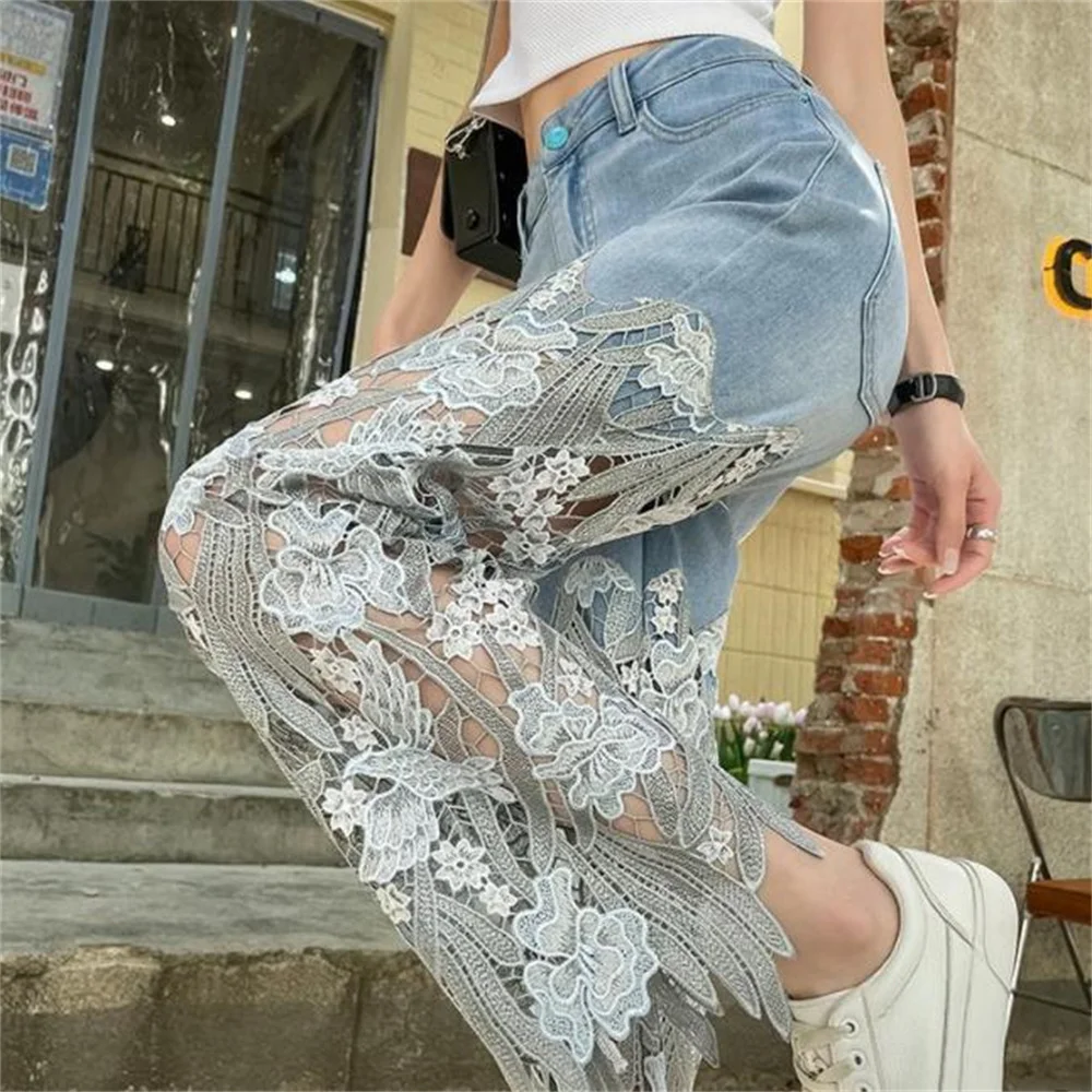 Design hollow lace stitching jeans women 2022 summer new straight retro casual trousers pantalon mujer