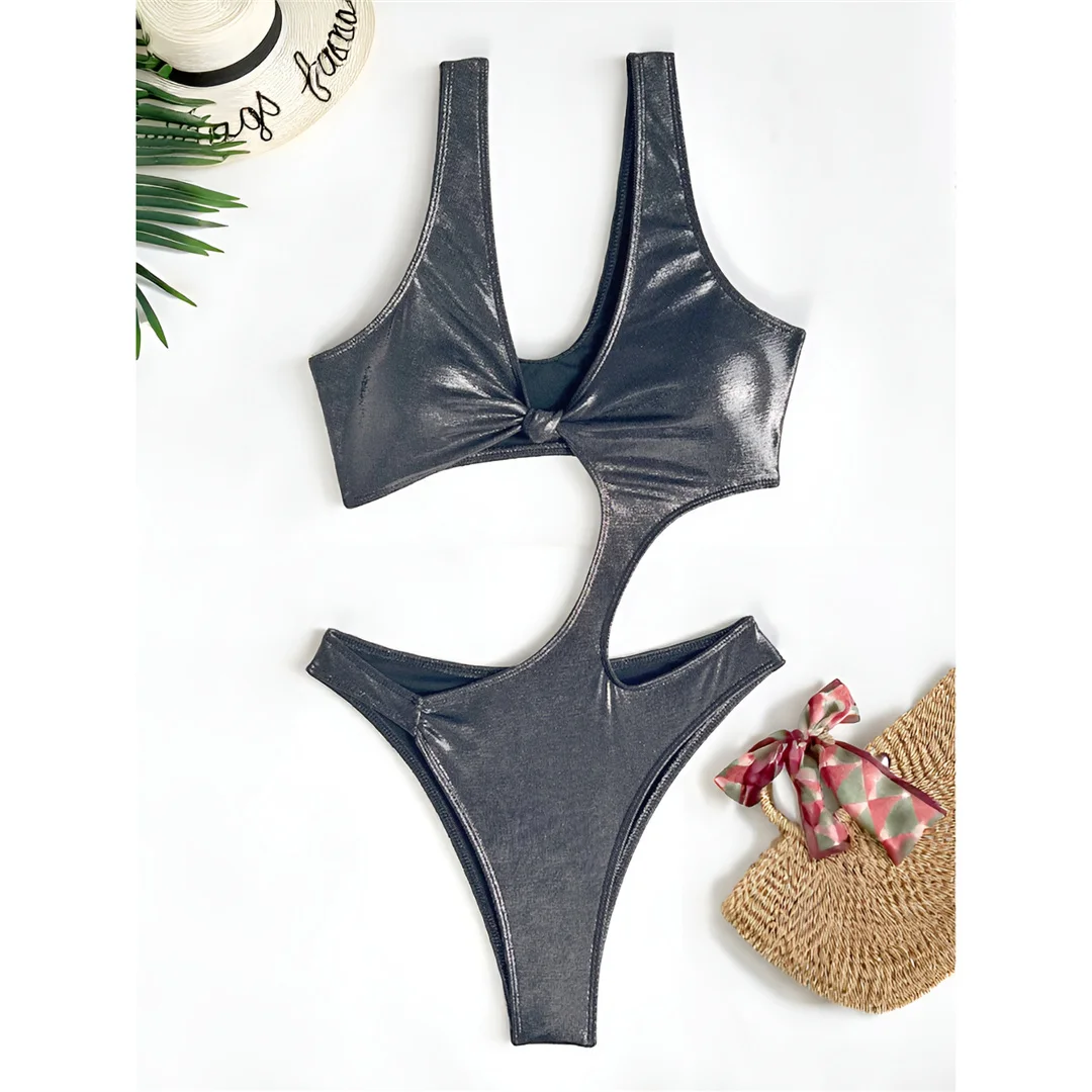 S - XL Asymmetrischer Badeanzug aus Kunstleder mit Knotenmuster für Damen, einteiliger Badeanzug, hoher Beinausschnitt, Badebekleidung, Badeanzug, Modell V7995 – Detail 5