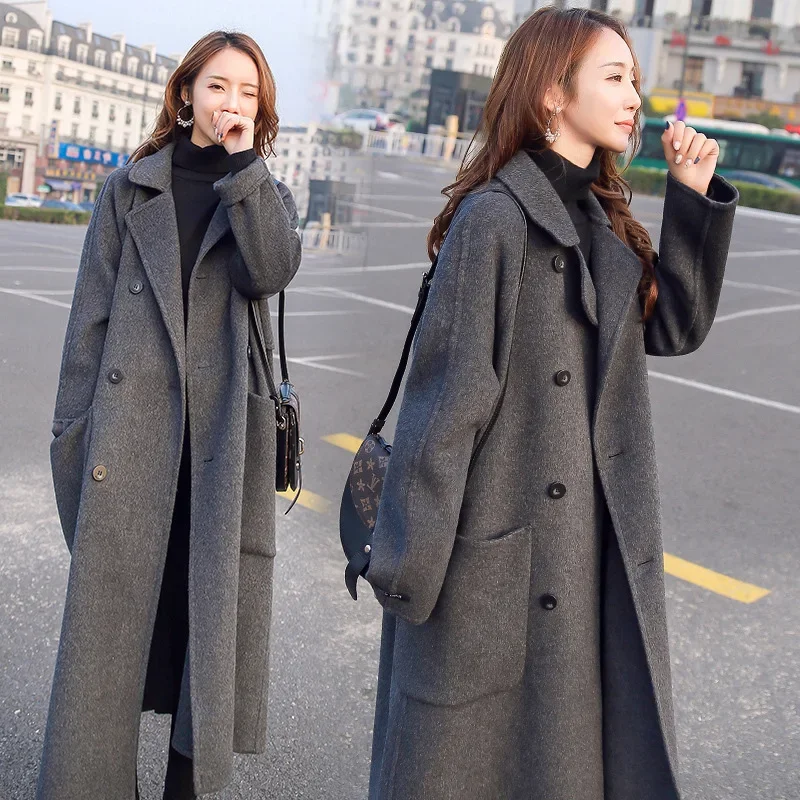 Woolen Coat Women's Mid-length Autumn and Winter New Hepburn Style Loose Over-the-knee Gray Thick Woolen Coat