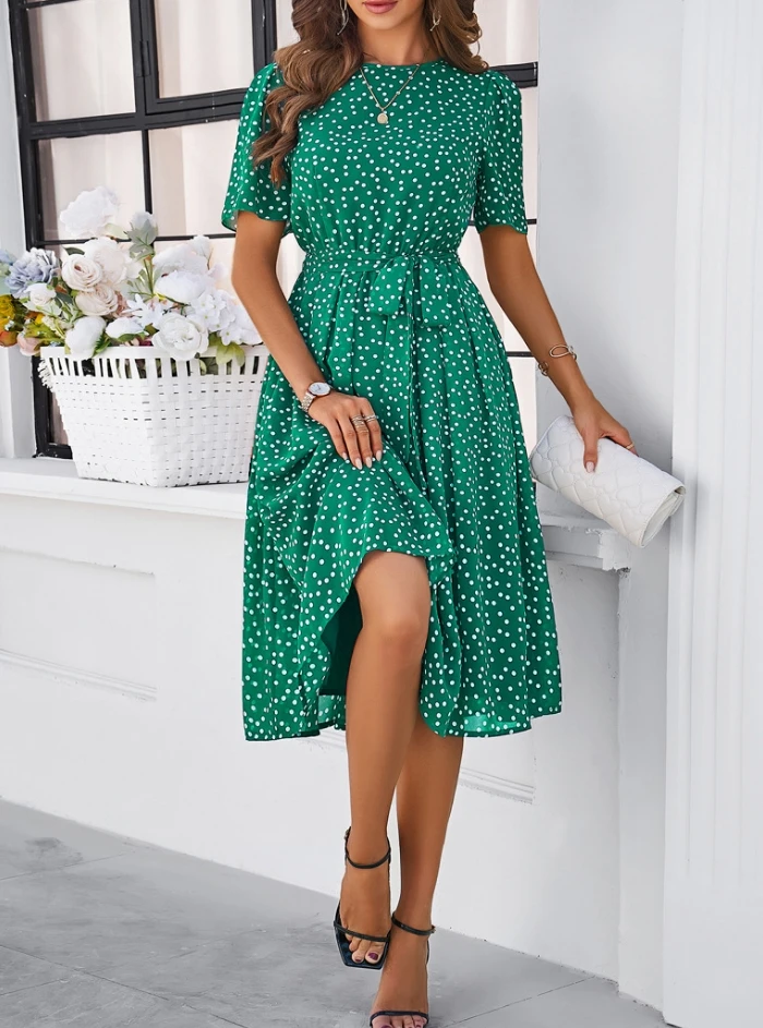 Women Sweet Dress 2024 Summer Autumn Latest U-Shape Collar Lace Up Short Sleeve Polka Dot Print Maxi Dress Elegant Long Skirt