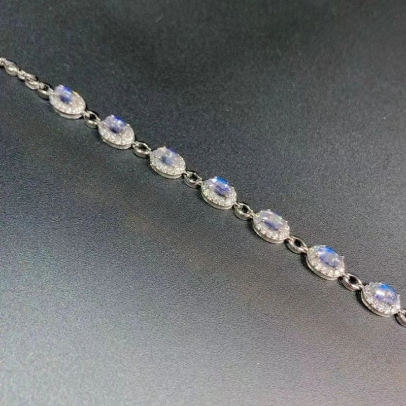 Blue Moonstone Bracelet for Girl 3mm*5mm  Total 2.1ct Natural Moonstone 925 Silver Bracelet with Thick Gold Plated