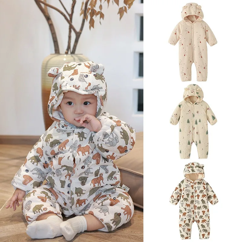 Ircomll Baby Winter Fall Clothes Baby Newborn Items Printing Hooded Thick Baby Rompers Bodysuit for Newborns Infant Loungewear