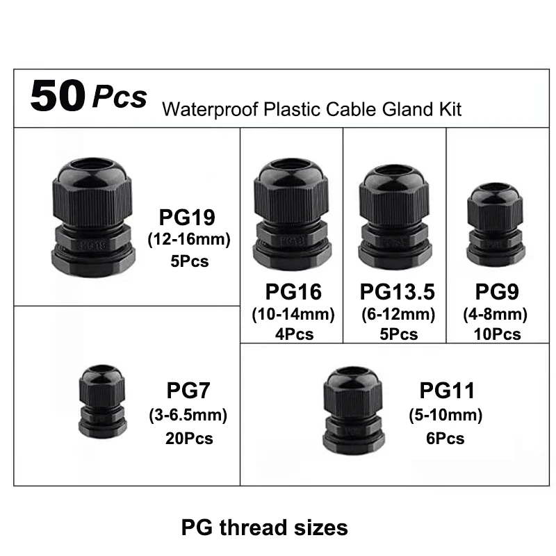 

50pcs Waterproof Cable Gland Set with Gaskets M/PG Type Thread Screw Adjustable Connectors Joints